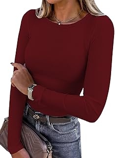 Women Long Sleeve Shirts Rib Knit Slim Fit Tops Basic Tee 2026 Fall Outfits Casual Crewneck T-Shirt Y2k Clothes