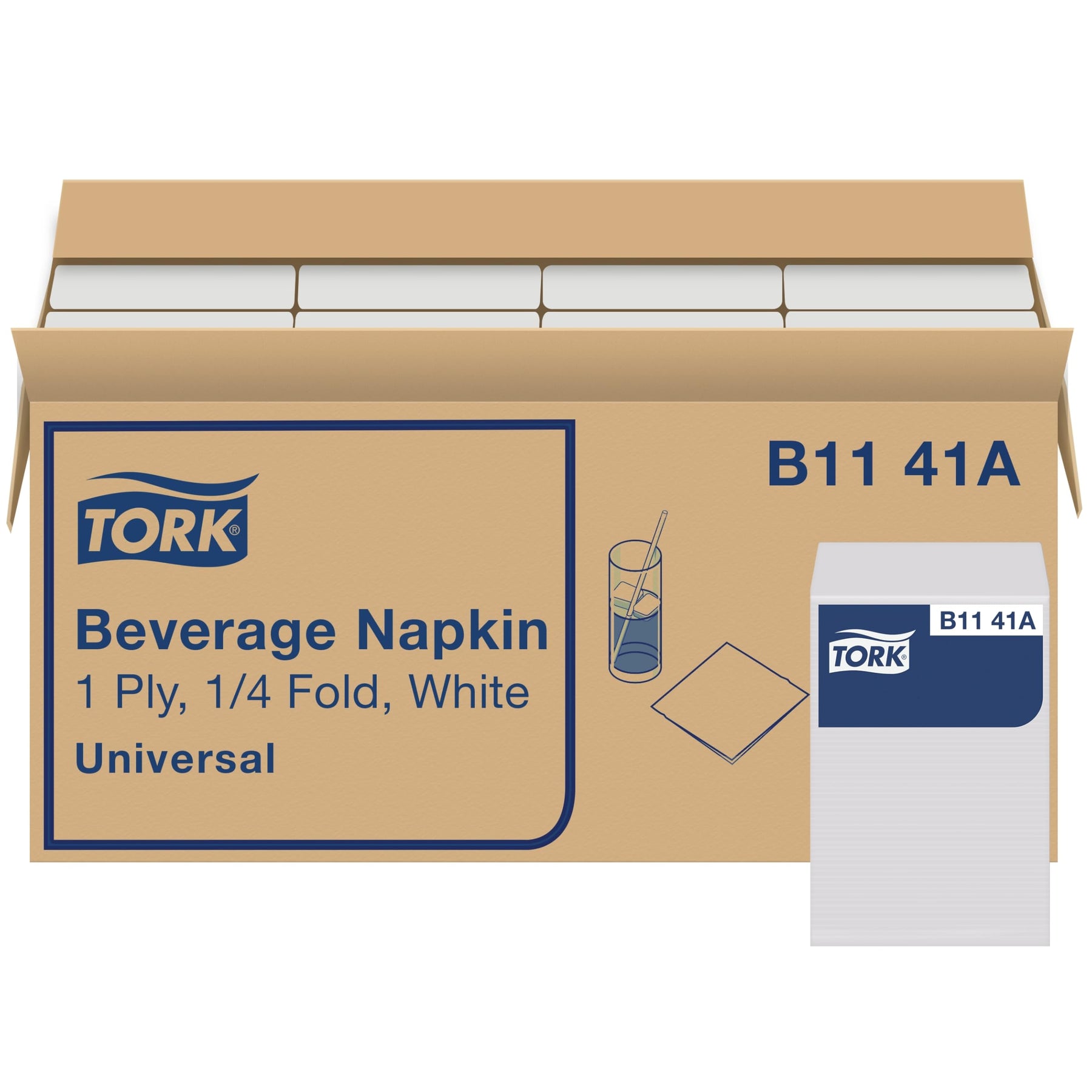 Tork White Beverage Napkin, 1/4 Fold 1-ply, 8 x 500 napkins, B1141A