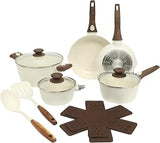 Oster SmartHandle Advance 18-Piece Ceramic Nonstick Cookware Set – Matte Linen Finish, Induction, Detachable Handles, Oven & Dishwasher Safe Pots Pans, w/Utensils & Pan Protectors
