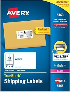 Avery Printable Shipping Labels with Sure Feed,2" x 4" Customizable Stickers,White,1,000 Blank Mailing Labels,Great for Mailing,Shipping,and More (5163),(Pack of 5)