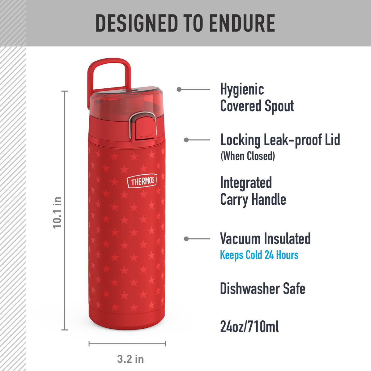 ICON SERIES by THERMOS – 24 Ounces, 24.0 fluid_ounces, Stainless Steel, Red Stars, Model IS2256RS4