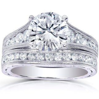 Moissanite & Channel Bridal Ring Set 14k White Gold by Kobelli – 11, White Gold, White, Model MZ61932R-ED