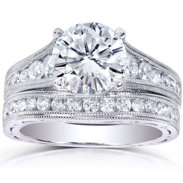 Moissanite & Channel Bridal Ring Set 14k White Gold by Kobelli – 11, White Gold, White, Model MZ61932R-ED