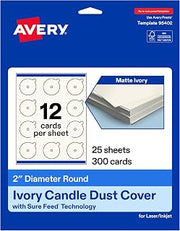 Avery Printable Round Candle Dust Covers, 2" Diameter, Matte Ivory, Sure Feed Technology, Print-To-The-Edge Capability, Laser/Inkjet Compatible, 300 Total, Ideal for Packaging, Displays, and More
