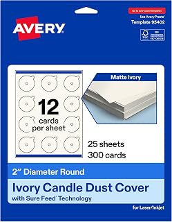 Avery Printable Round Candle Dust Covers, 2" Diameter, Matte Ivory, Sure Feed Technology, Print-To-The-Edge Capability, Laser/Inkjet Compatible, 300 Total, Ideal for Packaging, Displays, and More