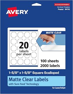 Avery Matte Clear Square Scalloped Labels, Sure Feed® Technology, 1-5/8" x 1-5/8", 2,000 Matte Clear Labels, Print-to-The-Edge, Laser/Inkjet Printable