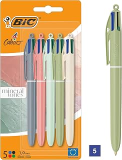 BIC 4 Colours Mineral Ballpoint Pen Medium Tip (1.00mm) - Assorted Barrel Colours Pack of 5