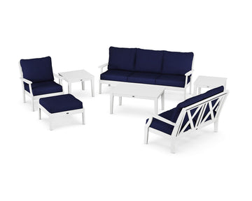 ® Braxton Deep Seating Set by Polywood – High Density Polyethylene, White / Navy, Pack of 7, Model PWS489-2-WH5439