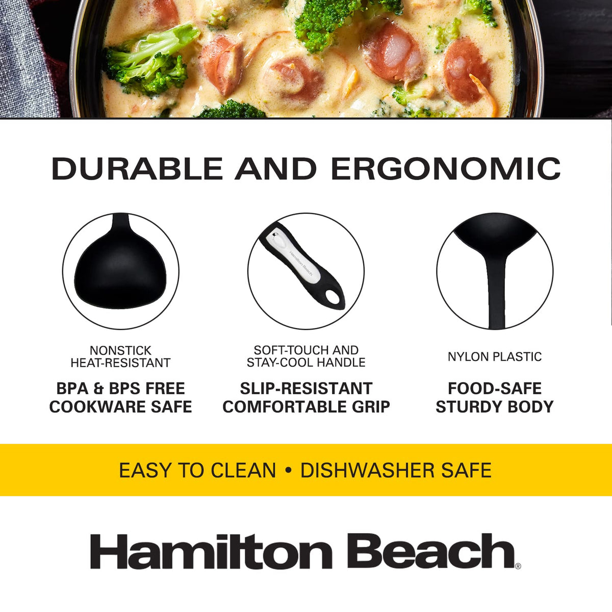 Plastic Ladle Spoon for Cooking | Non-Slip Solid Long Nylon Soft Touch Handle 13 inch | Non-stick Heat Resistant | Hygienic Spatula Spoon Design for Soups by Hamilton Beach –
