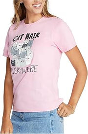 Skechers Womens Cat Hair Everywhere Graphic T-Shirt, Pink, Small