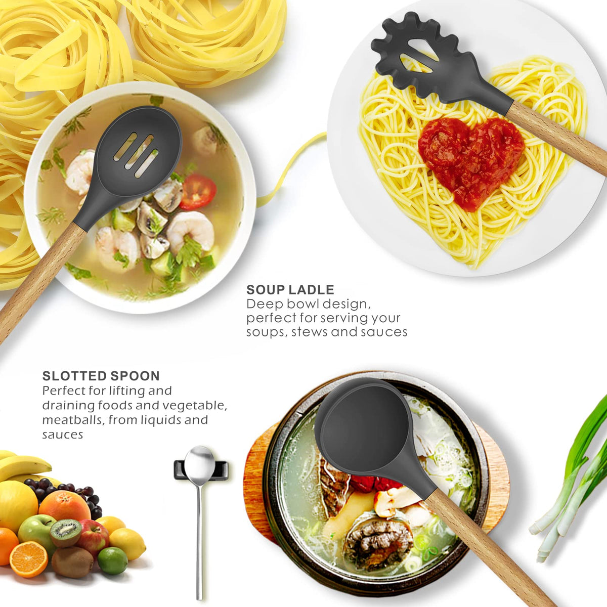 Oannao Silicone Utensil Set, Heat Resistant to 446F, Gray