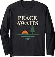 Peace Awaits Lakeside Sunset Evergreen Scenic Horizon Long Sleeve T-Shirt