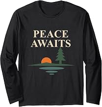 Peace Awaits Lakeside Sunset Evergreen Scenic Horizon Long Sleeve T-Shirt