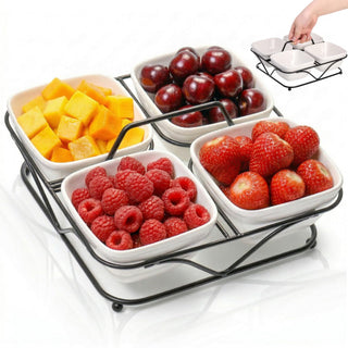 Pumtus Ceramic Divided Snack Tray, 4 Removable 12oz Bowls with Metal Stand, White