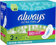Always Ultra Thin Long Super Pads with Wings, Unscented, 88 Count