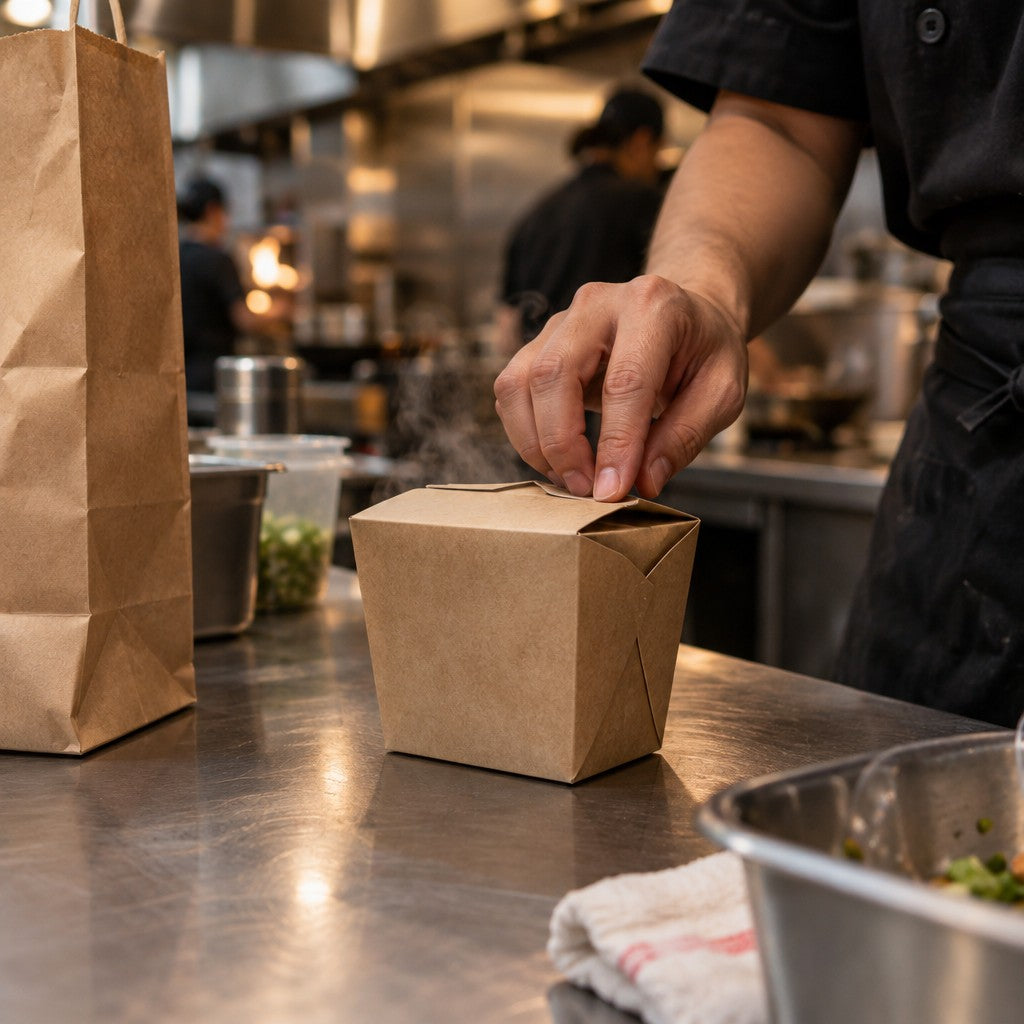 Emperor's Select Kraft Paper Take-Out Container, 450/Case - in use
