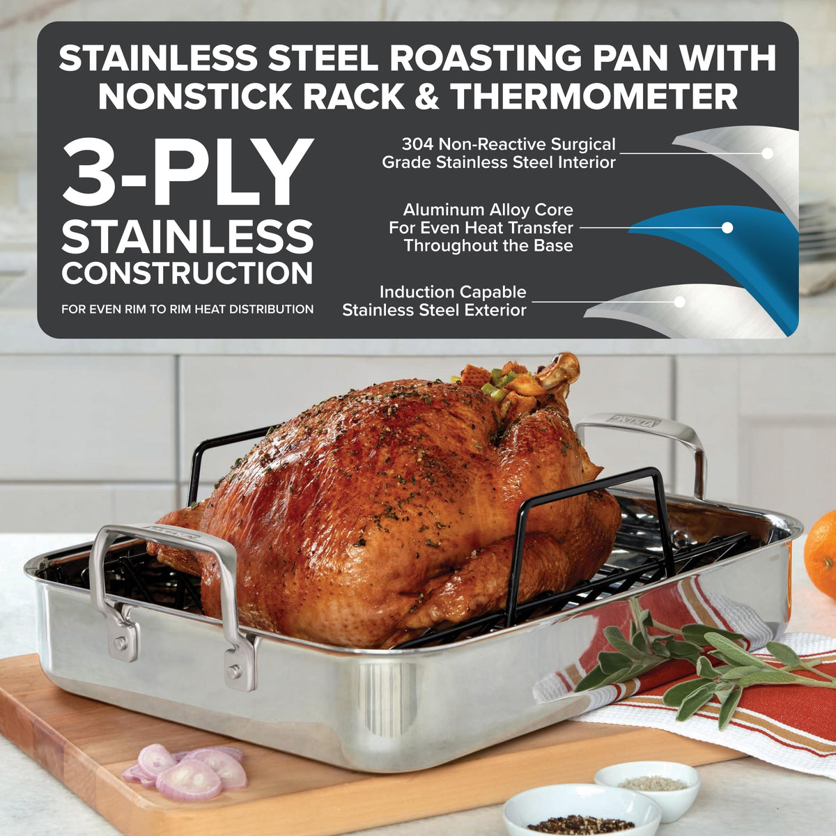 Viking Stainless Steel Roasting Pan with Rack, 16 x 13 Inch, Silver