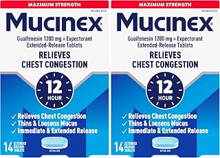 Mucinex 12 Hour Maximum Strength 1200 mg Guaifenesin Extended-Release Tablets for Excess Mucus Relief, Expectorant Aids Excess Mucus Removal, Chest Congestion Relief, 14 Tablets (Pack of 2)