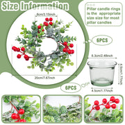 Willbond Christmas Candle Rings, 9 Inch Diameter with Berry Greenery, Set of 12