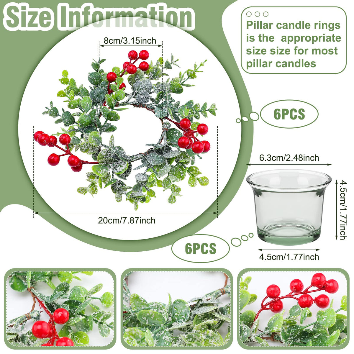 Willbond Christmas Candle Rings, 9 Inch Diameter with Berry Greenery, Set of 12