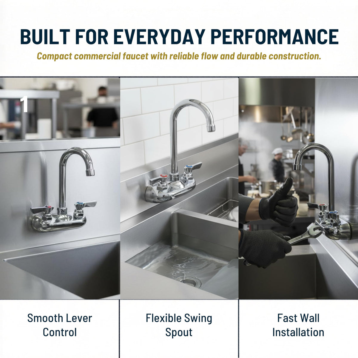 KR- 3.5" Wall Mount Faucet with Gooseneck Spout by Krowne – 4 Inch, Stainless Steel, Silver, Model 10-400L