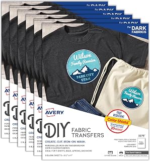 Avery Printable Heat Transfer Paper for Dark Fabrics, 8.5" x 11", Inkjet Printer Compatible, 30 Sheets of Iron On Transfer Paper Total (6-Pack of 3279)
