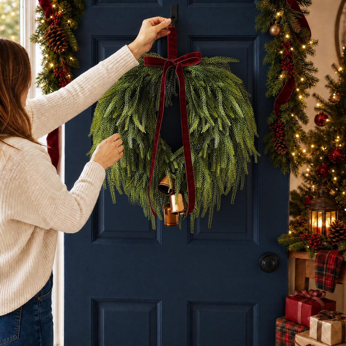 APUDWN Norfolk Pine Wreath, 24 Inch Diameter, Green with Burgundy Bow