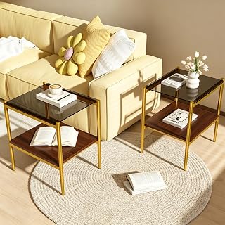 2-Tier Glass Top Accent Table with Metal Frame for Bedroom and Living Room, Compact Bedside Furniture for Small Spaces, Mesa Auxiliar Black Plus Gold Plus Brown