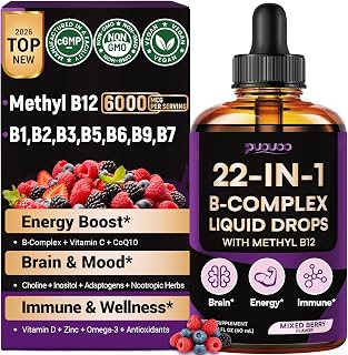 Vitamin B Complex Liquid Drops, 22-in-1 Active B Formula | Methylated B Vitamins with Lion's Mane, CoQ10 & Magnesium to support energy, focus, brain health & daily wellness