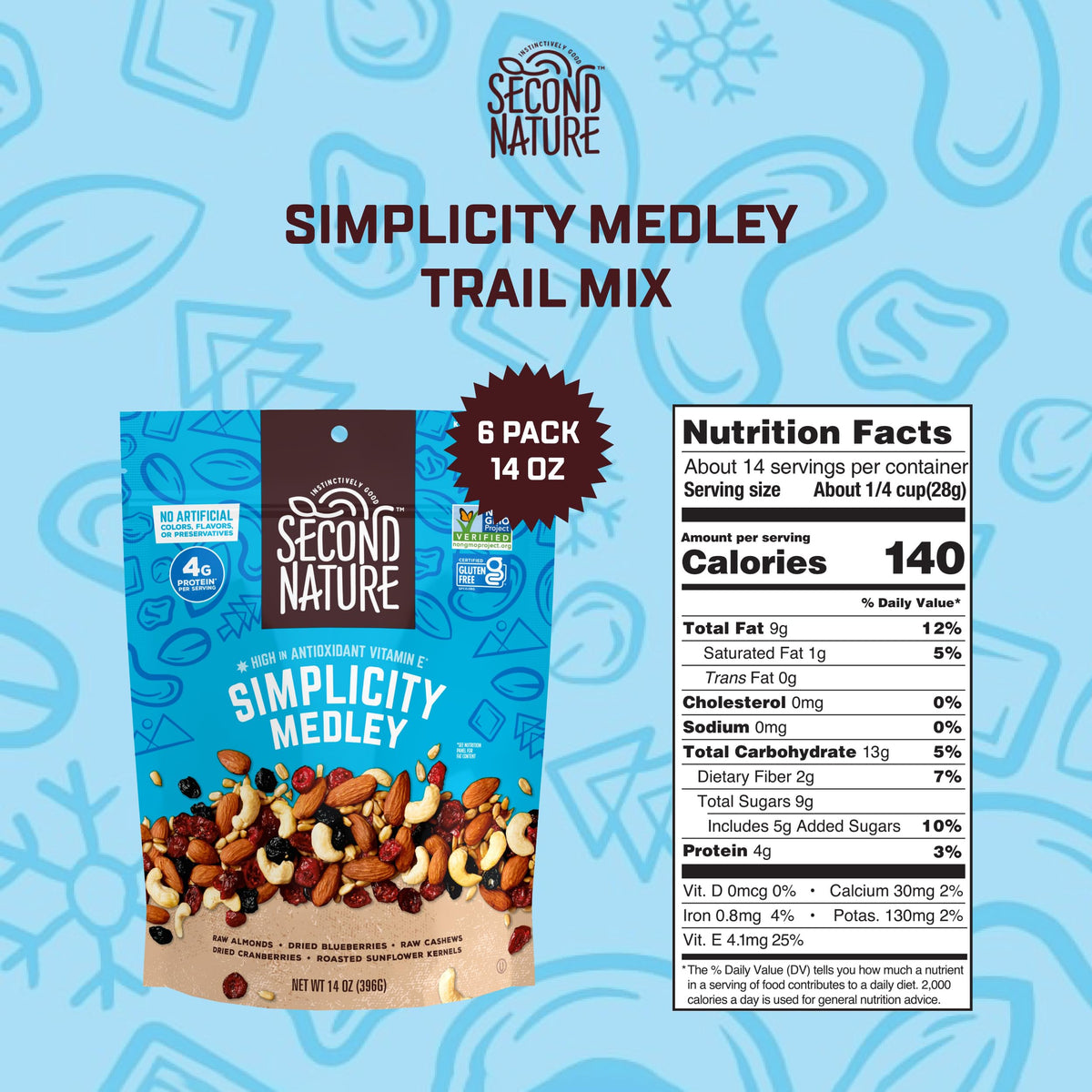 Second Nature Simplicity Medley / 14 Ounce (Pack of 6) / Medium Pouch Snack & Trail Mixes