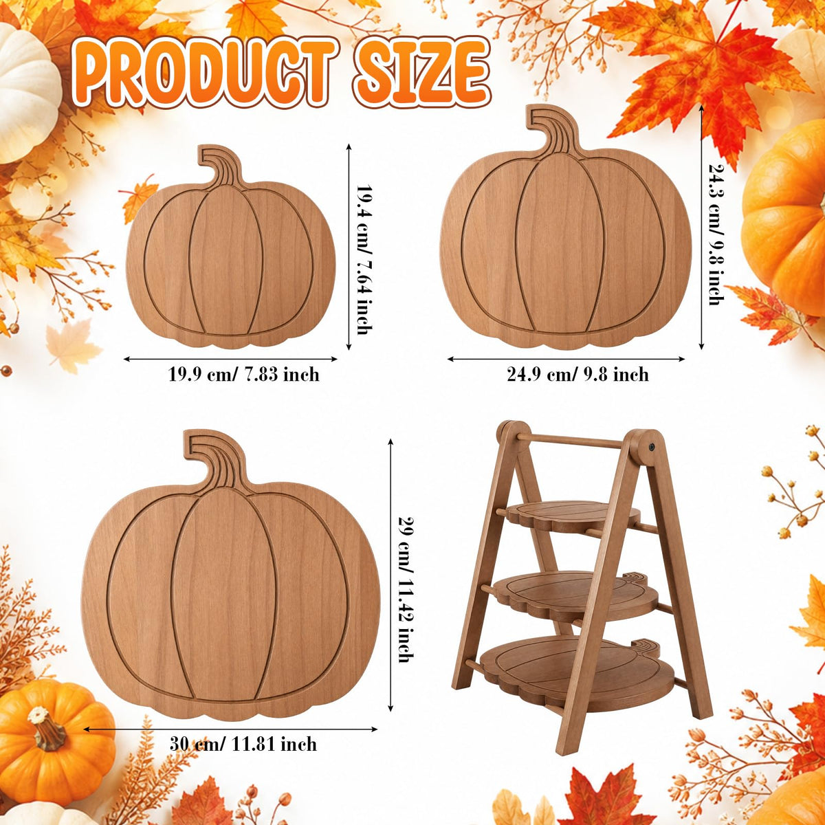 Marsui Pumpkin Tiered Serving Set, Wooden Platters in 12 10 8 Inch Sizes, Brown
