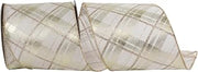 Reliant Ribbon Plaid Twill Printed Metallic Wired Edge, Ivory/Gold, 4 Inch, 10 Yards