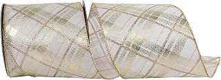 Reliant Ribbon Plaid Twill Printed Metallic Wired Edge, Ivory/Gold, 4 Inch, 10 Yards