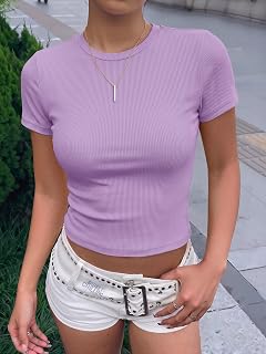 Womens Ribbed Knit Crewneck Crop Tops Basic Slim Fit T Shirts Half Sleeve 2026 Summer Trendy Y2k Tee