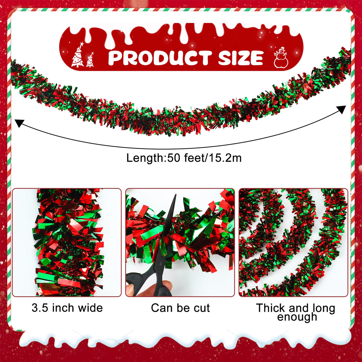 Commercial 50 Ft Christmas Tinsel Garland Red and Green Metallic Twist Garland Decoration Shiny Christmas Tree Hanging Garlands Ornament for Xmas Tree Home by Fairooth – 50 feet x 3.54 inch, Plastic, Colorful, Model Christmas Tinsel Garland-1