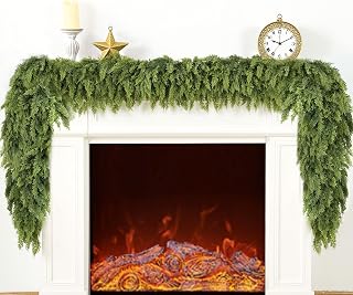 Giauma 9FT Double Fullness Christmas Cedar Garland with 280 Tips Cedar Branches Artificial Realistic Thick Soft Green Faux Winter Greenery Pine Garlands for Fireplace Mantel Table Doorframe