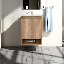 Tuhome Nissi Floating Bathroom Vanity with Sink, 18" Compact Wall-Mounted Vanity, Resin Sink Top, 1 Soft-Close Door, 2 Shelves, Natural Oak Finish for Small Bathrooms
