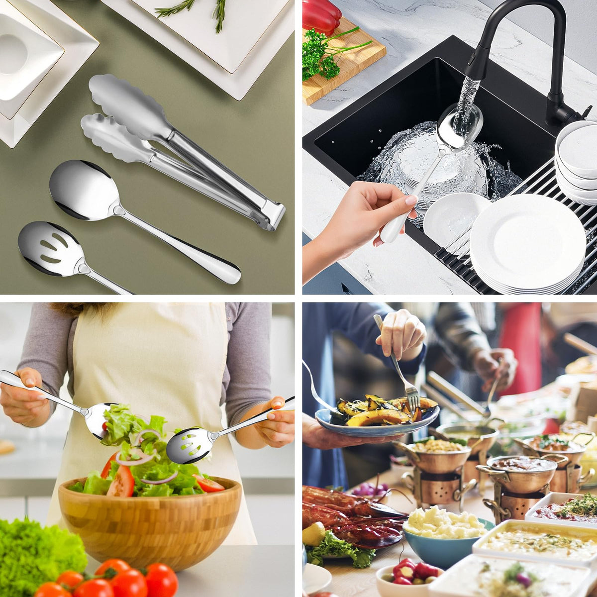 Kzovone Serving Utensils Set, Stainless Steel, 17 Pieces, Silver