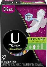 U by Kotex Cleanwear Ultra Thin Pads with Wings, Heavy Flow, 32 Count