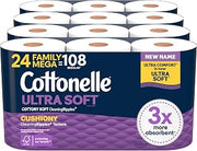 Cottonelle Ultra Soft Toilet Paper, 24 Family Mega =108 Regular Rolls, White
