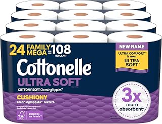 Cottonelle Ultra Soft Toilet Paper, 24 Family Mega =108 Regular Rolls, White