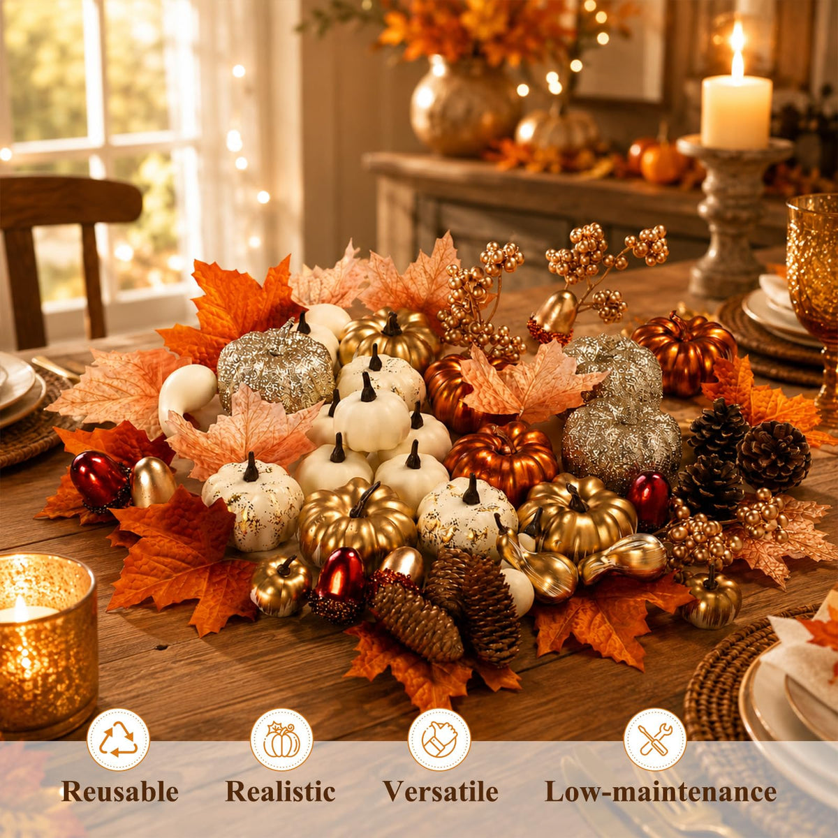 Keeplush Artificial Pumpkins Set, 52 Pieces, Gold Silver White