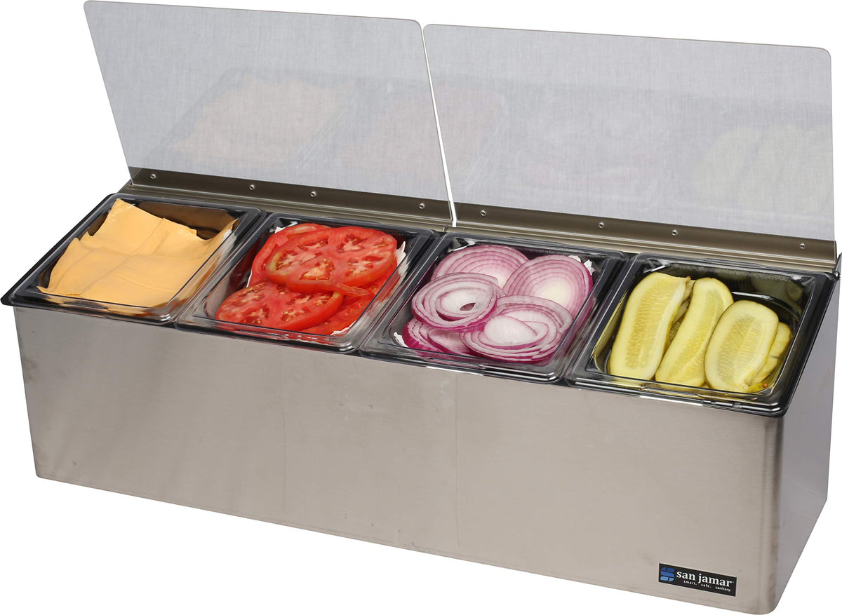 Ez-Chill Food Prep Center Self-Service with Hinged Lid for Bars by San Jamar – 4 Pans, 0.0 ounces, Stainless Steel, Stainless, Model FP8244FL