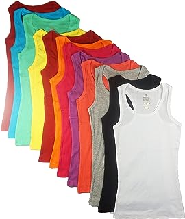 12 Pieces Pack Women's Ribbed 100% Cotton Slim Tank Tops-Assorted Color