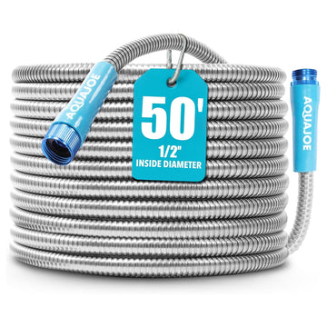 50-Foot Heavy Duty Garden Hose by Aqua Joe – 50 Feet, Outer Layer: Stainless Steel, Inner Core: PVC, Silver, Model AJSGH50