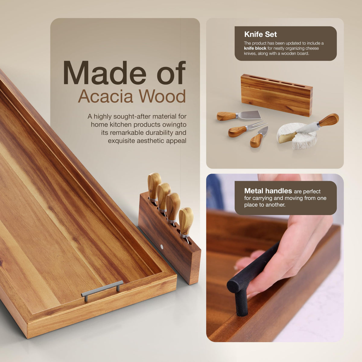 Tidita Acacia Charcuterie Board, 36 x 12 Inch with Metal Handles
