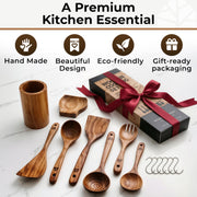 Woodenhouse Teak Wooden Utensil Set, 8 Piece with Holder, Brown