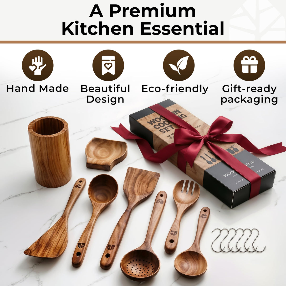 Woodenhouse Teak Wooden Utensil Set, 8 Piece with Holder, Brown