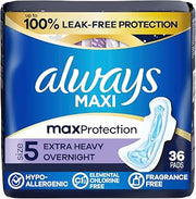 Always Maxi Overnight Pads with Wings for Women, Size 5, Extra Heavy Overnight Absorbency, Unscented, 36 Count