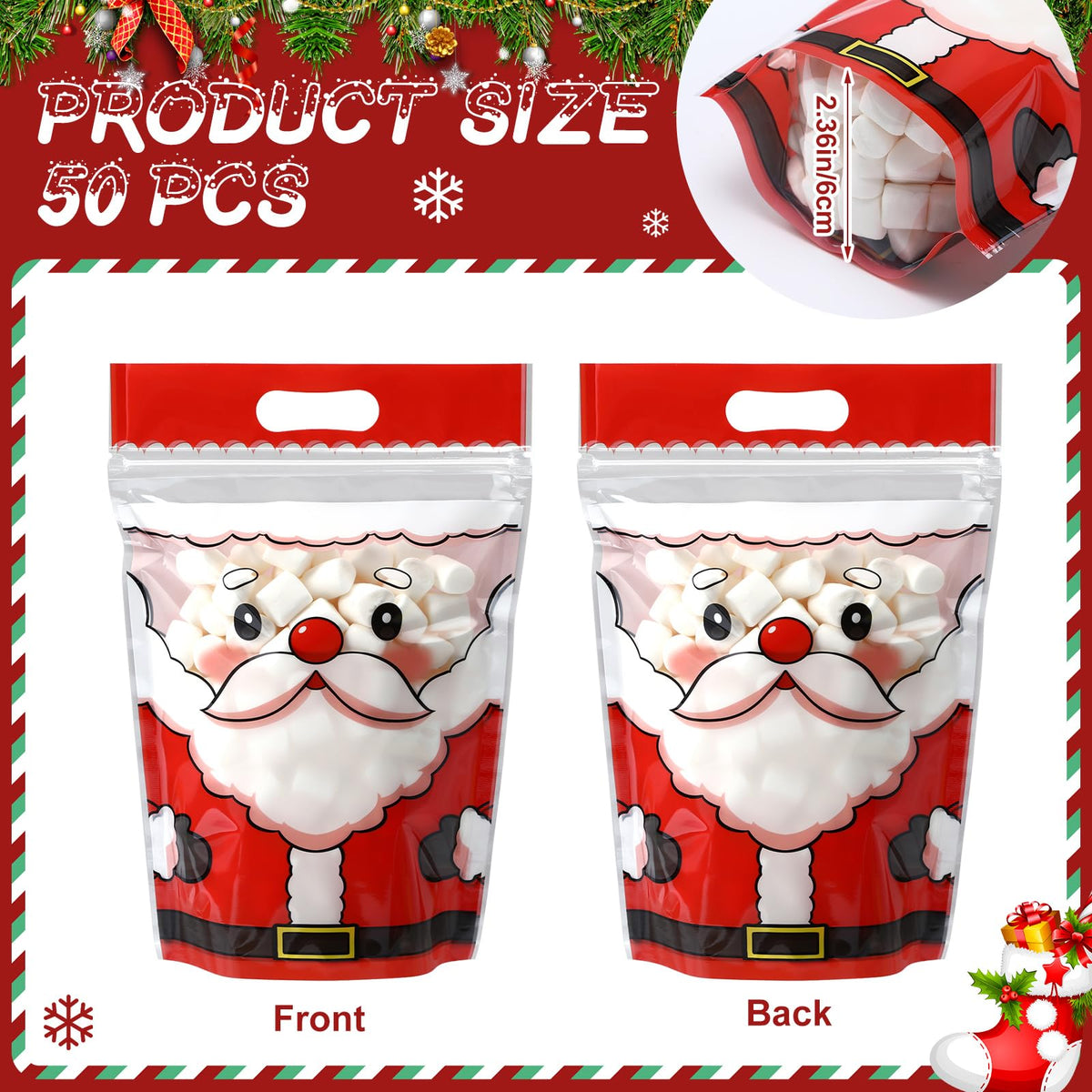 Epakh Christmas Zipper Bags, Resealable Treat Bags with Handles, Santa Claus, Pack of 100